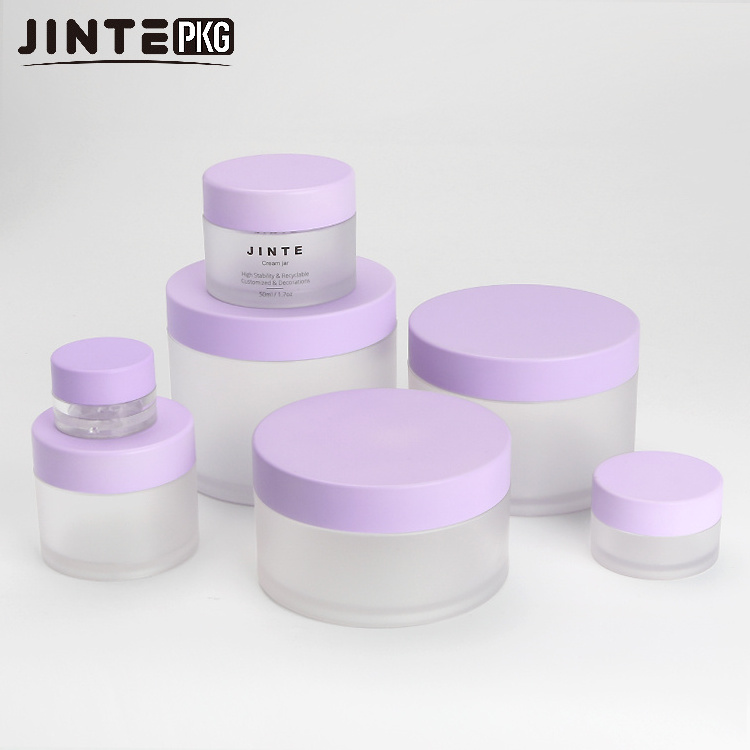 Hot Selling In Stock 1oz Luxury Plastic Cosmetic Frosted Jar With Matte Purple Pink Lids Acrylic Powder Jars Lip Balm Container