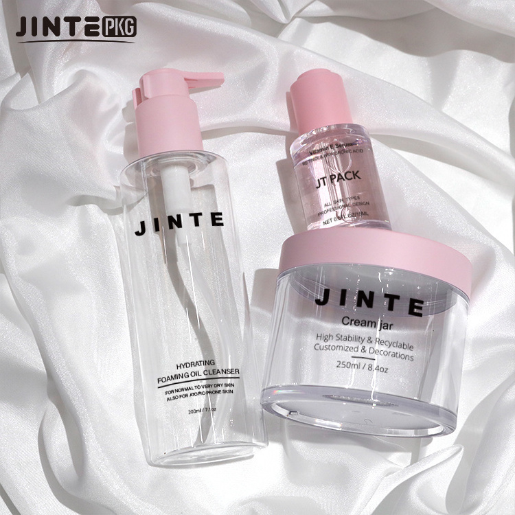 Custom Pink Cosmetic Packaging Plastic Pump Bottle And Jar With Lid For Skincare Cream Lotion