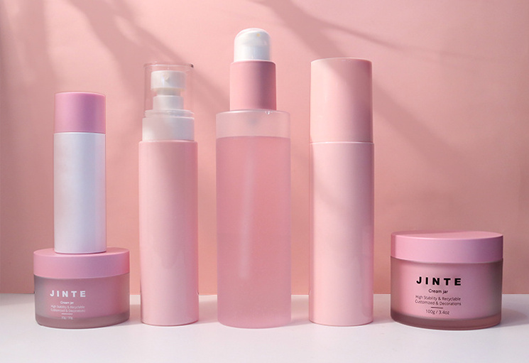 Custom Pink Cosmetic Packaging Plastic Pump Bottle And Jar With Lid For Skincare Cream Lotion