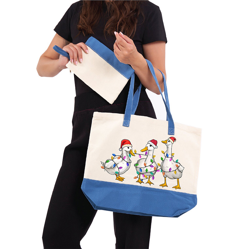 new arrival design cute duck animal christmas set canvas bag professional double stitched customised cotton tote gift bag