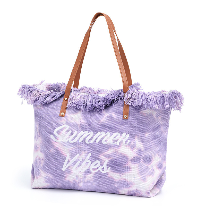 summer custom wholesale fashion women tie dye print canvas tote bag tassel fringe cotton beach shopping bag with leather straps