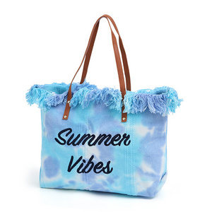 summer custom wholesale fashion women tie dye print canvas tote bag tassel fringe cotton beach shopping bag with leather straps