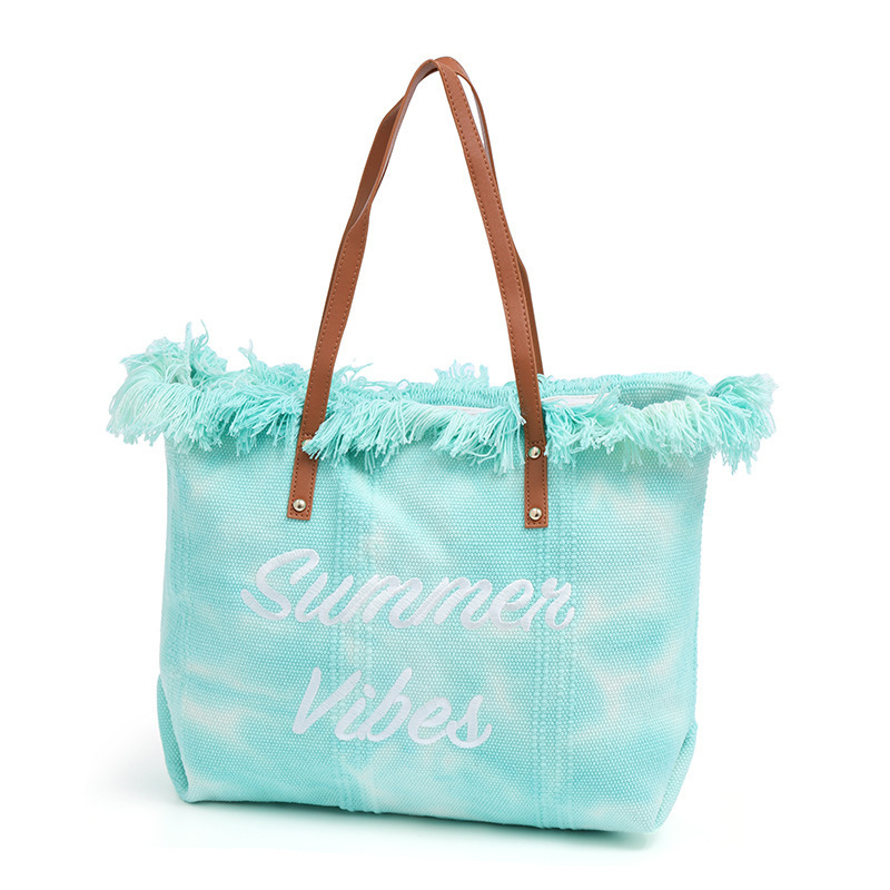 summer custom wholesale fashion women tie dye print canvas tote bag tassel fringe cotton beach shopping bag with leather straps