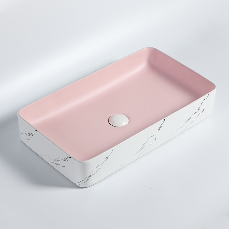 Counter top home hotel hand wash basin modern rectangular ceramic vessel sink marble and matt dusty pink color bathroom sink