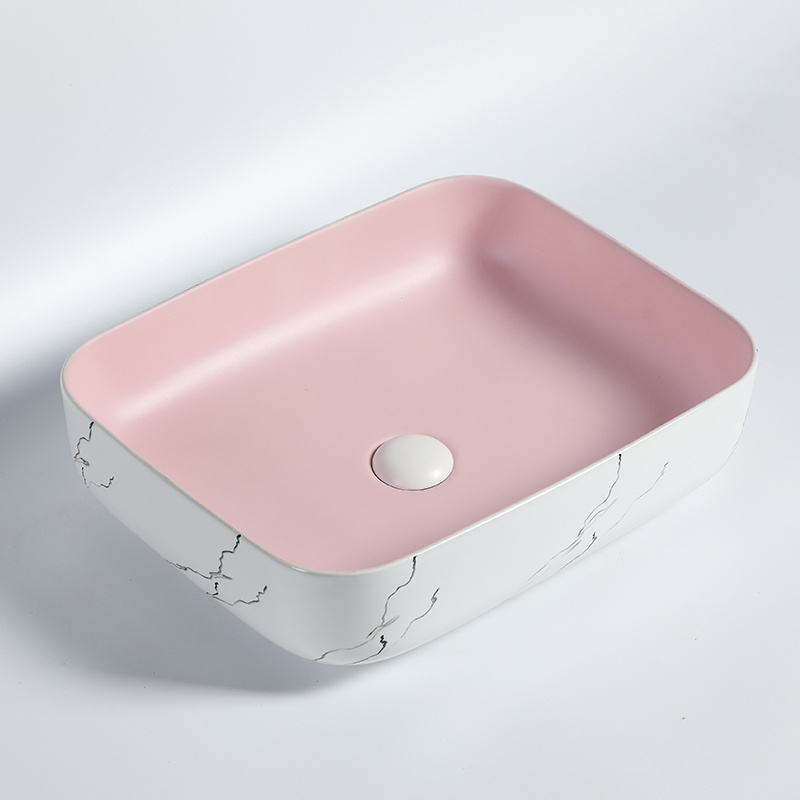 Counter top home hotel hand wash basin modern rectangular ceramic vessel sink marble and matt dusty pink color bathroom sink