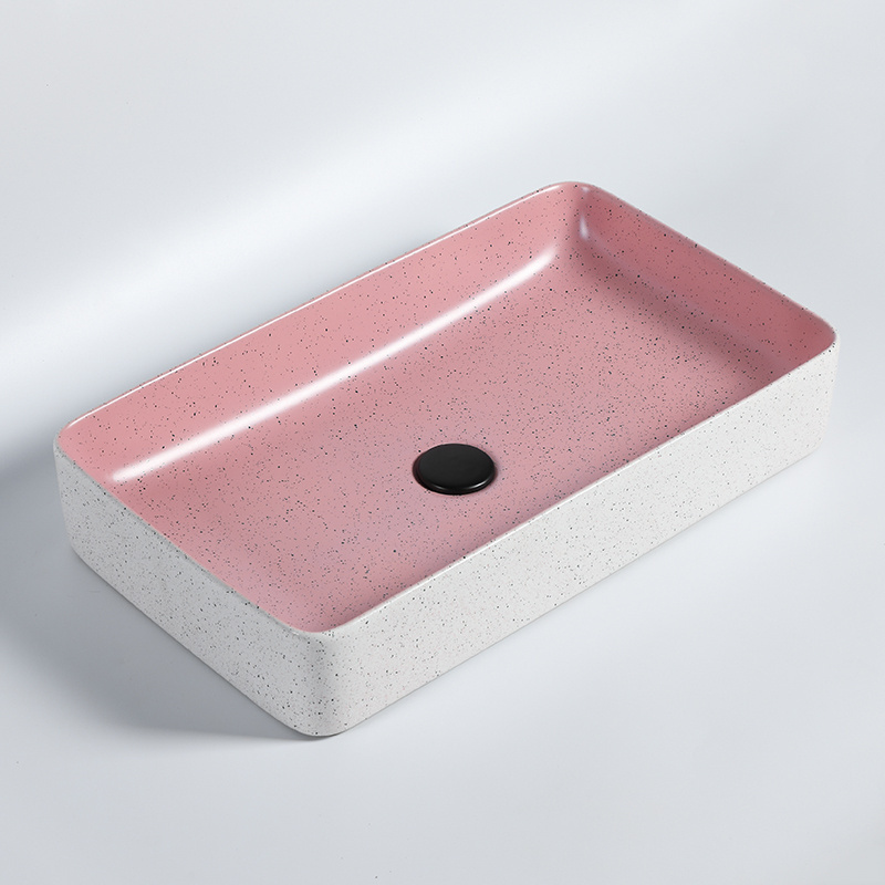 Counter top home hotel hand wash basin modern rectangular ceramic vessel sink marble and matt dusty pink color bathroom sink