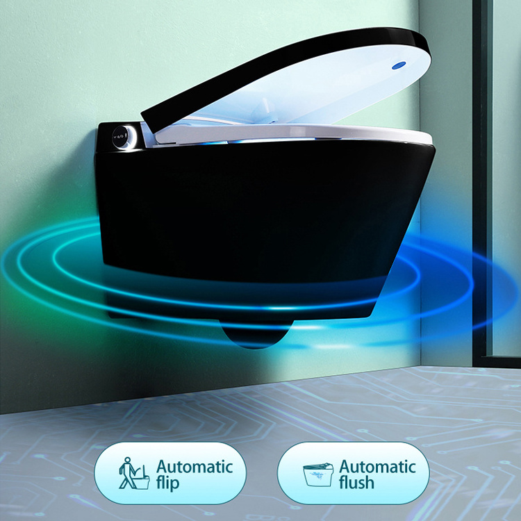 Wall mounted  p trap bathroom bidet auto open automatic flush intelligent wc bowl set black wall hung smart toilet with tank