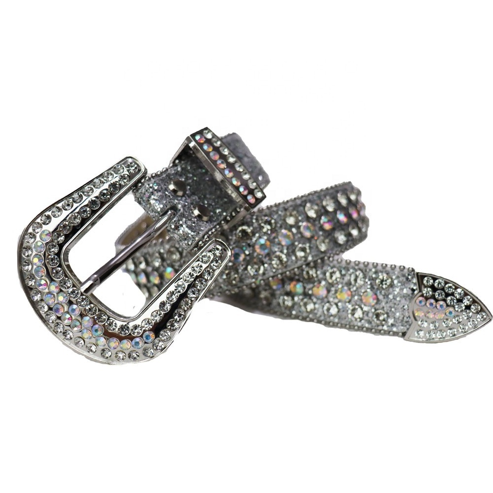 Vintage Silver Bling Bling Crystal Rhinestone Belt Pu BB Simon Belts Casual Women Man Custom