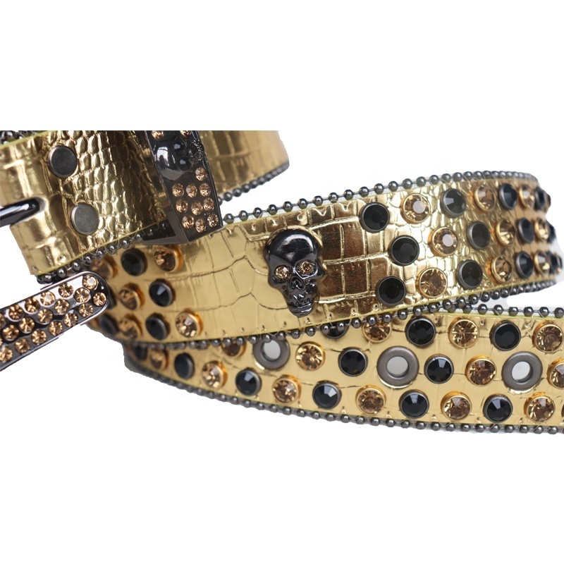 New Western Cowboy bb Men Diamond Rhinestone Belt Studded Belt With Gold Skull Buckle Crystal Belt Men