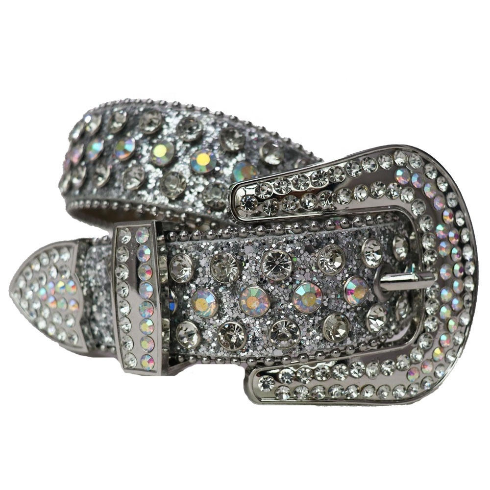 Vintage Silver Bling Bling Crystal Rhinestone Belt Pu BB Simon Belts Casual Women Man Custom