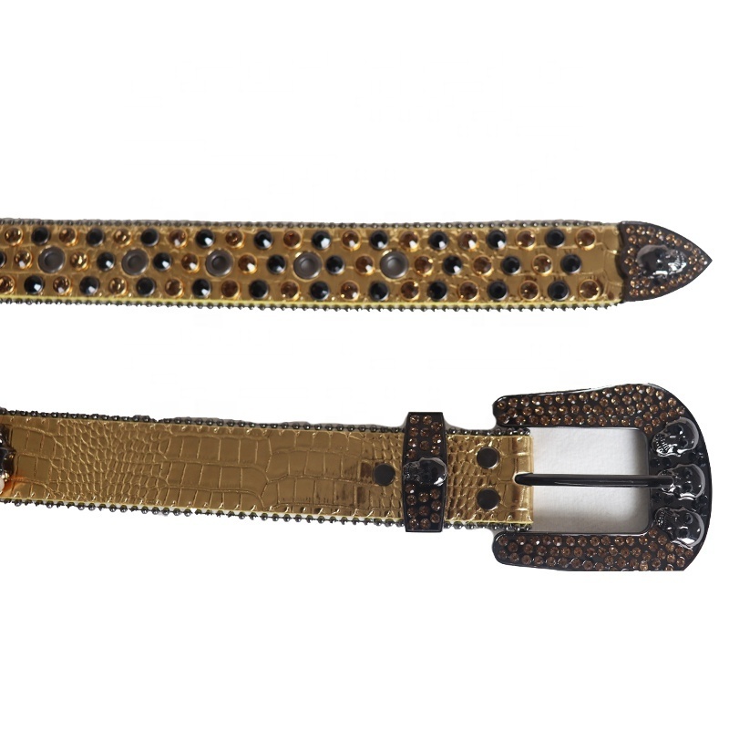 New Western Cowboy bb Men Diamond Rhinestone Belt Studded Belt With Gold Skull Buckle Crystal Belt Men