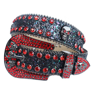 Vintage Skull Black Red Bling Bling Rhinestone Belt Pu Rhinestone Belt BB Simon Casual Women Man