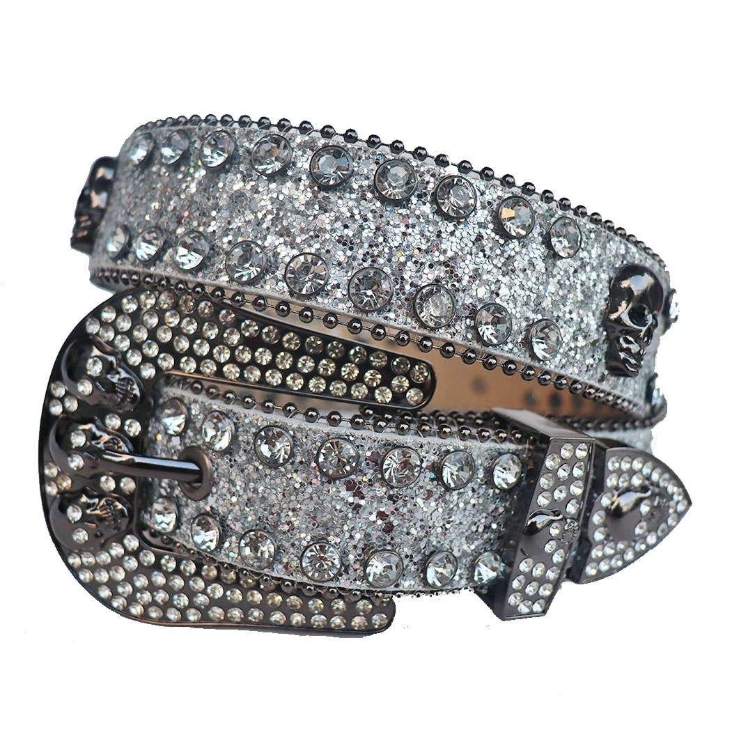 Vintage Skull Black Red Bling Bling Rhinestone Belt Pu Rhinestone Belt BB Simon Casual Women Man