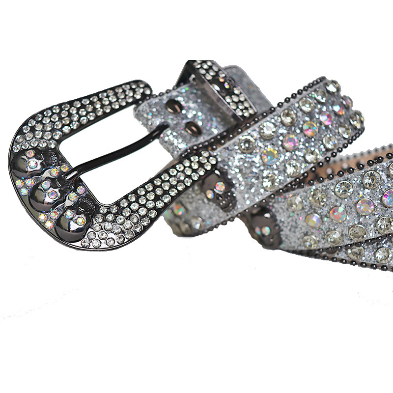 New Designer Manufacture Wholesale PU Leather Belts Shiny Western Studded Diamond Crystal Rhinestone Belt BB Simon