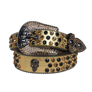 New Western Cowboy bb Men Diamond Rhinestone Belt Studded Belt With Gold Skull Buckle Crystal Belt Men