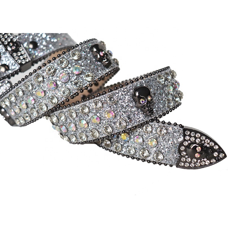 New Designer Manufacture Wholesale PU Leather Belts Shiny Western Studded Diamond Crystal Rhinestone Belt BB Simon