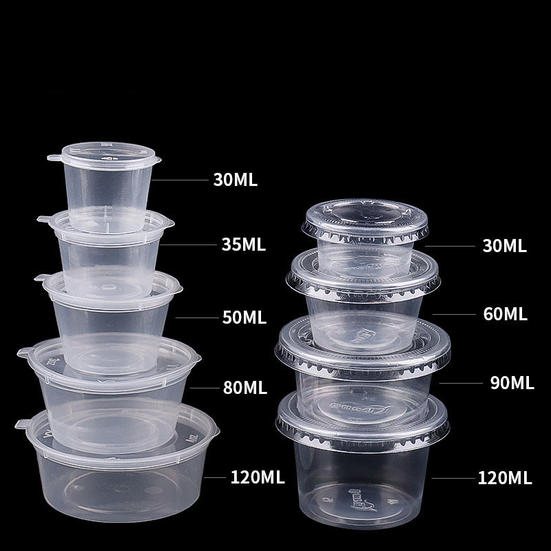 Disposable Pp  1/2/3/4/5 Oz Hinged Small Mini Condiment Sauce Cup With Lid Clear Cups Dipping Sauce Container For Sauce