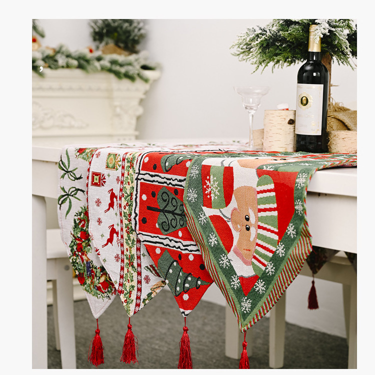 Christmas Table Runner Embroidered Tapestry with Tassels Home Kitchen Christmas Santa Table Decoration for Party Home Decor