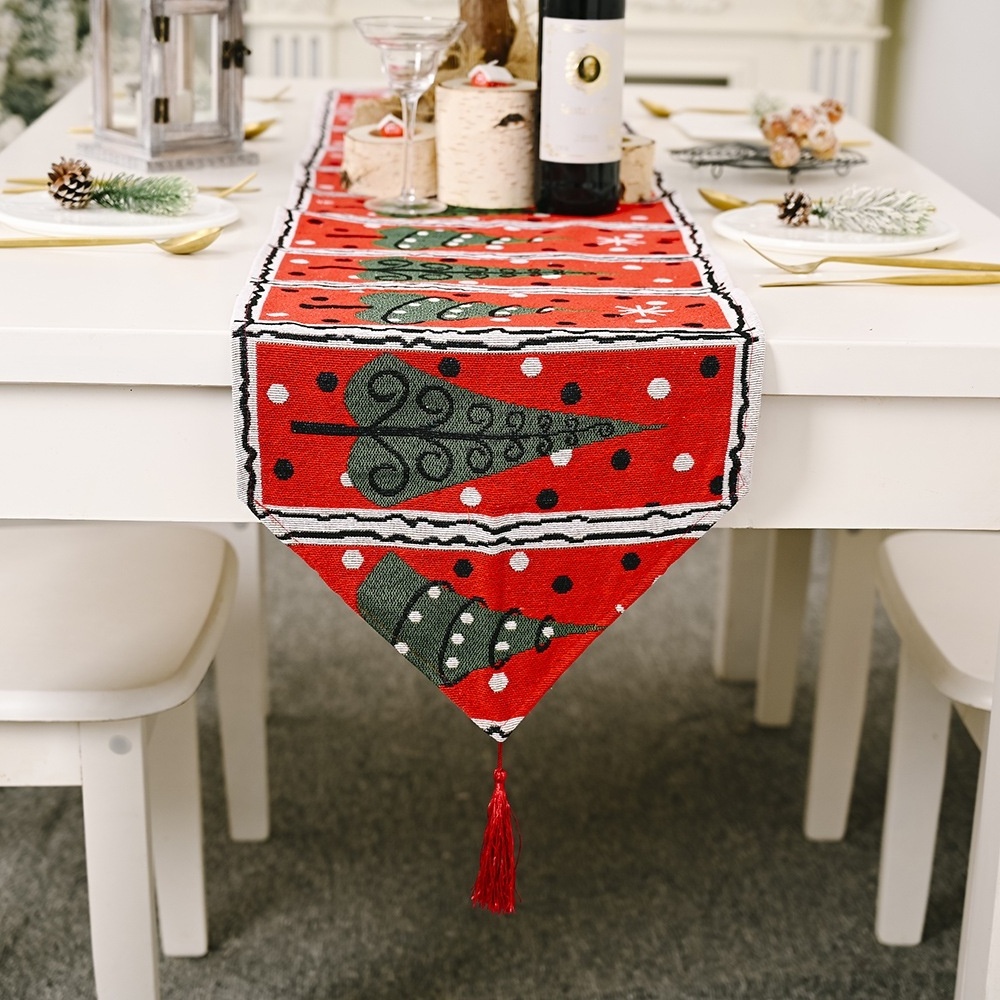 Christmas Table Runner Embroidered Tapestry with Tassels Home Kitchen Christmas Santa Table Decoration for Party Home Decor