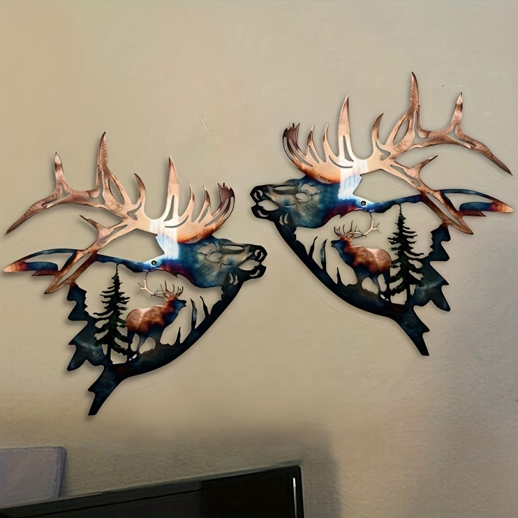 3d metal wall sculptures painting hanging Elk & Forest Scene Metal Wall Art Sign Home Collection Metal Wall Decor