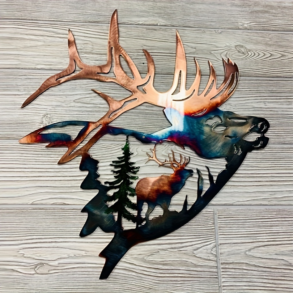 3d metal wall sculptures painting hanging Elk & Forest Scene Metal Wall Art Sign Home Collection Metal Wall Decor