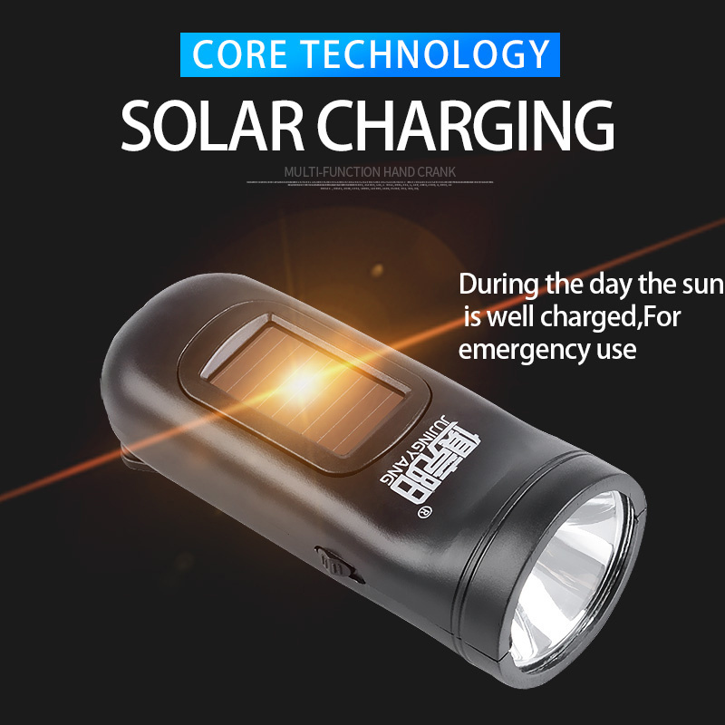 Multifunctional hand-cranked rechargeable flashlight 2 lighting mode LED torch 3W solar flashlight