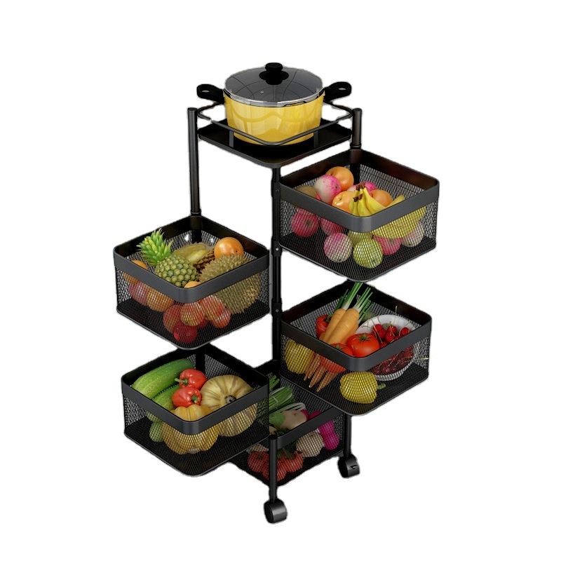 4-Tier Rotating Fruit Basket Kitchen Storage Metal Pantry Baskets with Wheels