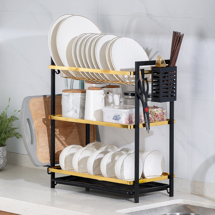 Large Capacity Rustproof Dish Drying Rack 3 Tier Dish Rack With Utensil Holder