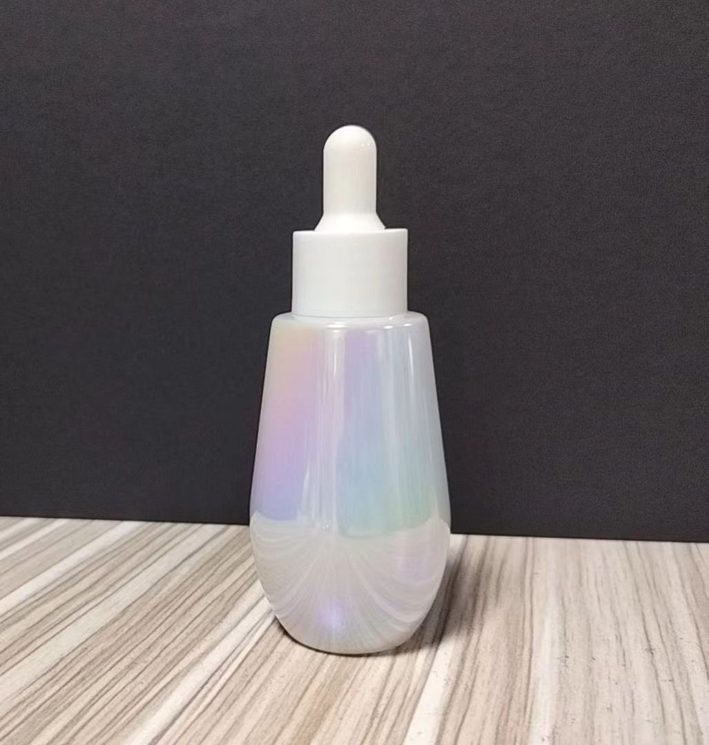 Luxury 20ml 60ml Iridescent  holographic rainbow skincare glass lotion bottle and cosmetic  Serum Dropper