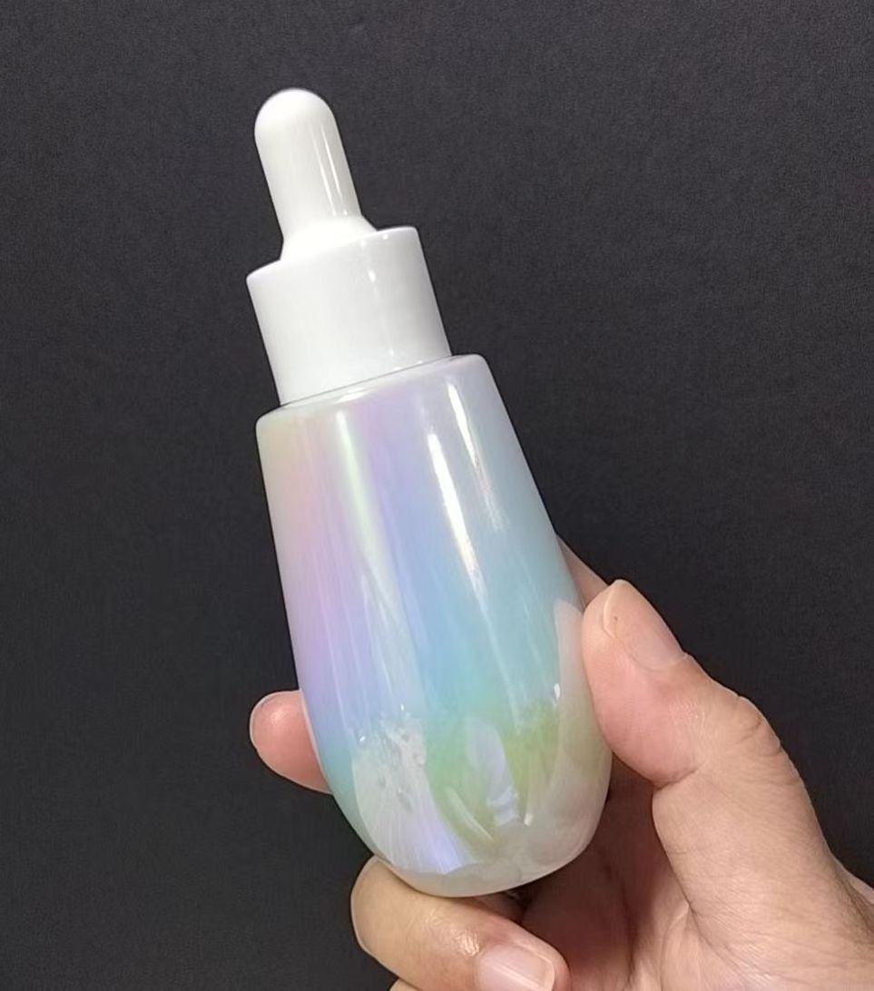 Luxury 20ml 60ml Iridescent  holographic rainbow skincare glass lotion bottle and cosmetic  Serum Dropper