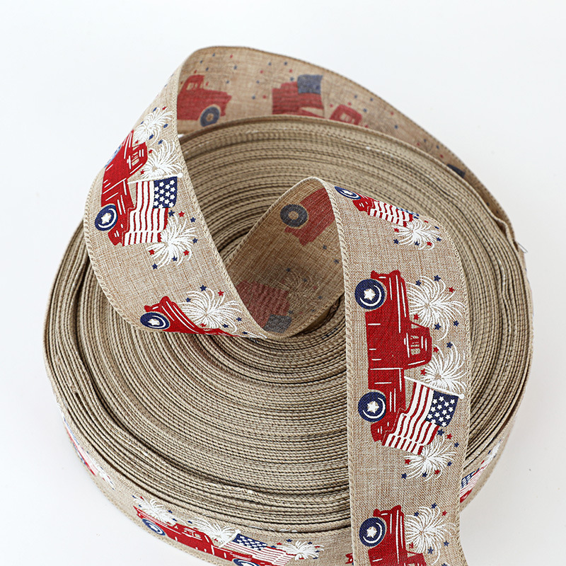 New American Independence Day Ribbon Hemp Woven in Red White Blue with Five-Pointed Star Flocking Print Decorated