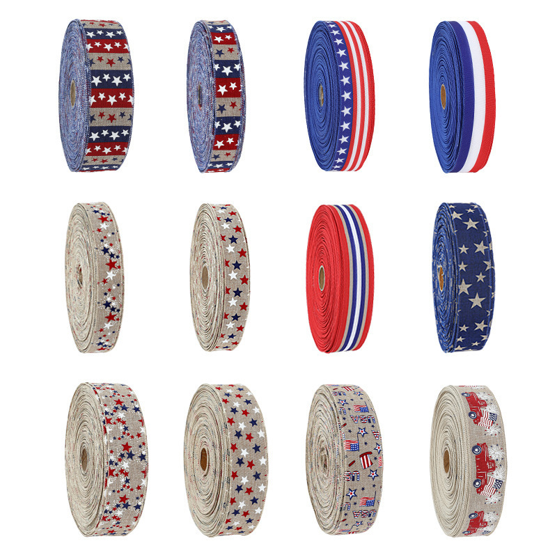 New American Independence Day Ribbon Hemp Woven in Red White Blue with Five-Pointed Star Flocking Print Decorated