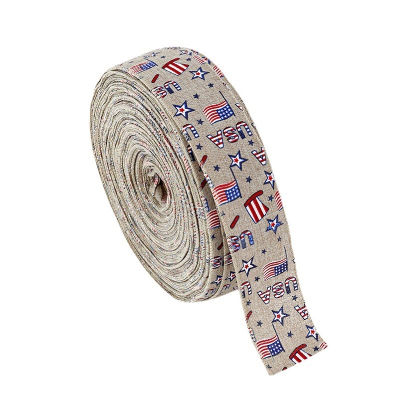 New American Independence Day Ribbon Hemp Woven in Red White Blue with Five-Pointed Star Flocking Print Decorated