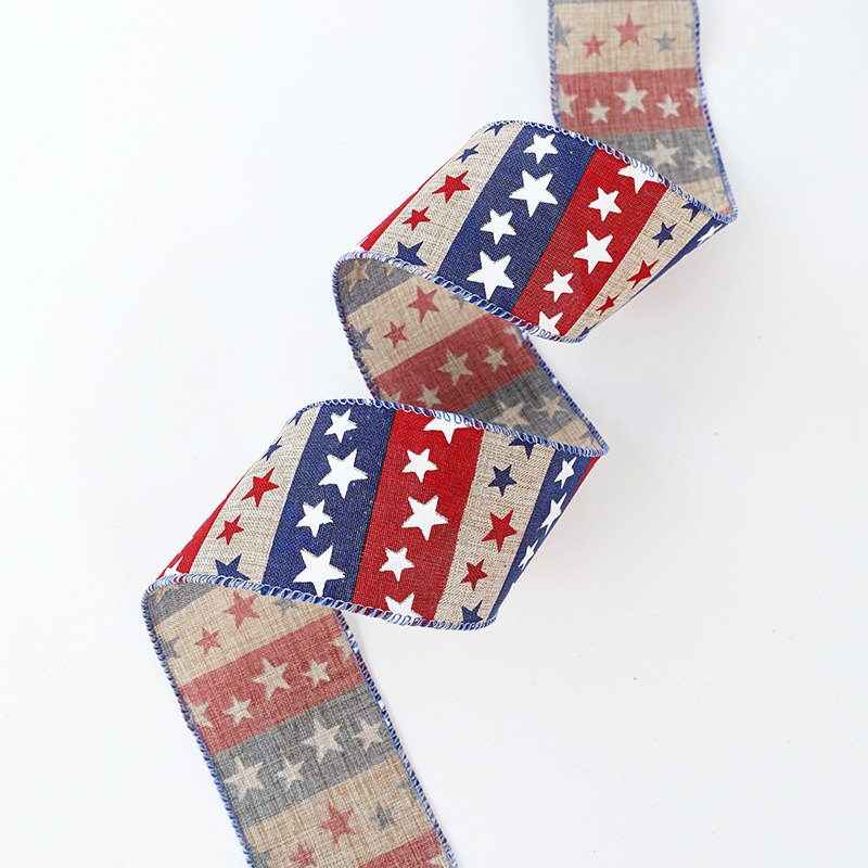 New American Independence Day Ribbon Hemp Woven in Red White Blue with Five-Pointed Star Flocking Print Decorated