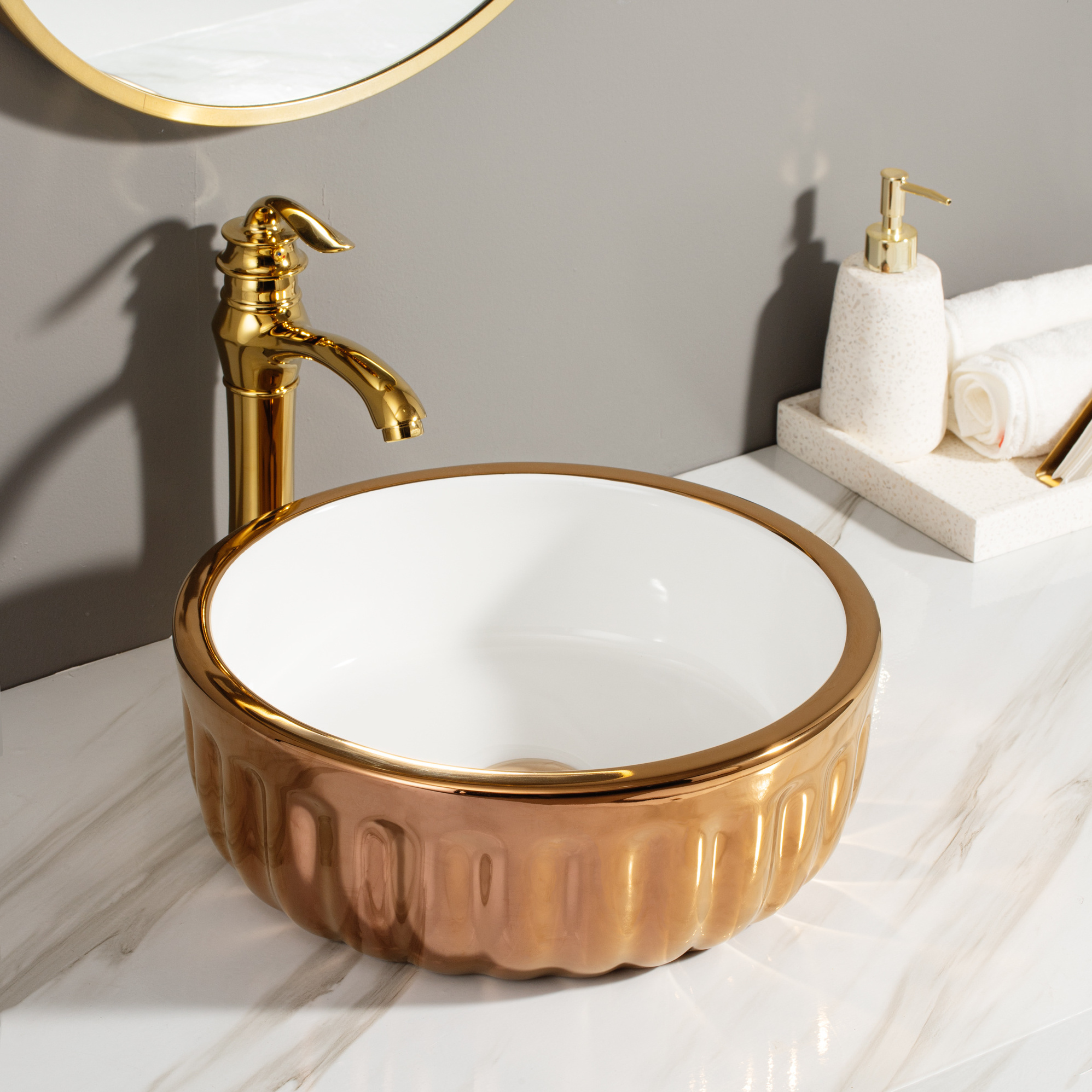 Luxury bathroom high end porcelain rose gold bathroom sink round circular colored wash basin