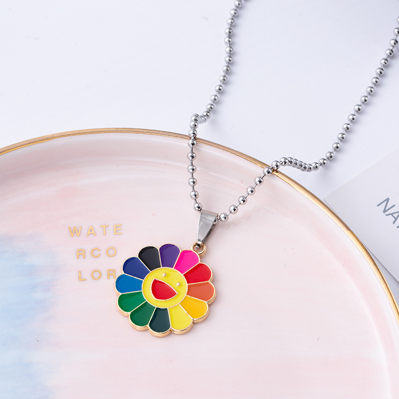 2020 ins Hot Cute Punk Hip Hop style Sun Flower Sunflower Colorful Rainbow Pendant Necklace Rock Punk Jewelry Unisex Wholesale