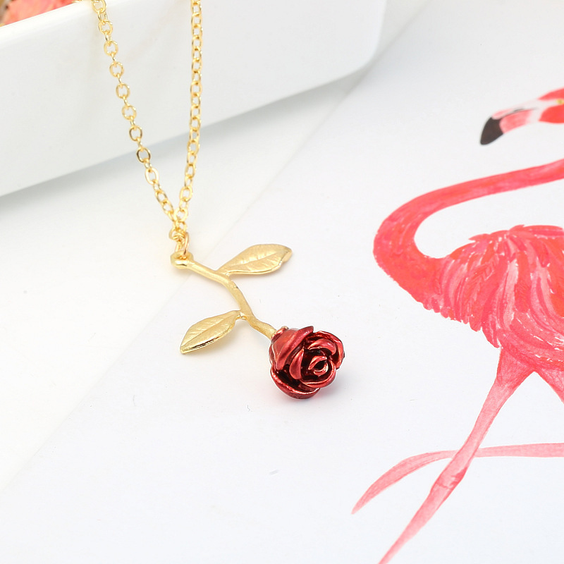 New Fashion Couple Gifts Gold Chain Red Stereoscopic Vertical Flower Pendant Rose Necklace For Women