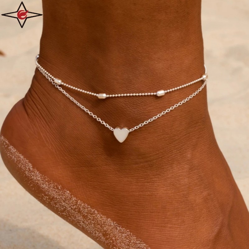 Fashion Bead Chain Heart Beach Anklet 18k Gold Plated Stainless Steel Cuban Link Anklets For Women