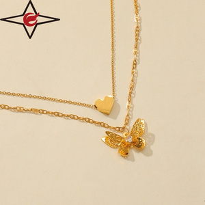 Custom Genuine Gold Love Double Layer Necklace Hollow Stainless Steel Heart Butterfly Pendant Necklace