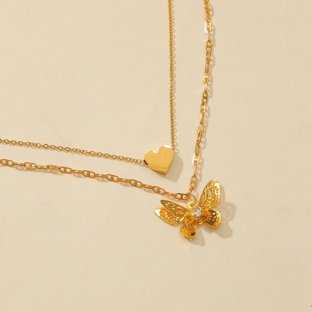 Custom Genuine Gold Love Double Layer Necklace Hollow Stainless Steel Heart Butterfly Pendant Necklace