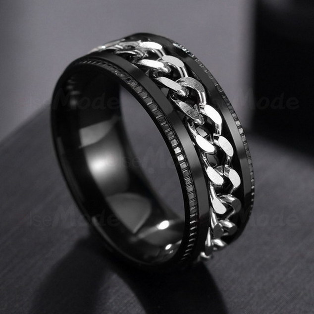 Fashionable Designs Aesthetic Stainless Steel Black Finger Rings Men Party Spinner Chain Ring Chain Rotatable Ring