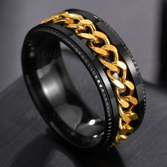 Fashionable Designs Aesthetic Stainless Steel Black Finger Rings Men Party Spinner Chain Ring Chain Rotatable Ring