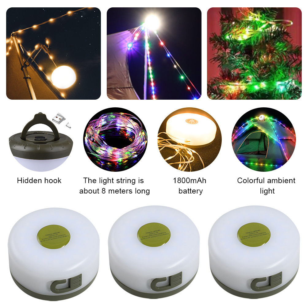 USB Rechargeable outdoor Portable Stowable Tent Lighting Lamp Decoration led Camping Light String with hook