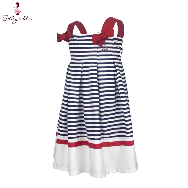 Children White and Blue Stripe 100% Cotton 7 Years Kids Girls Clothes Dress