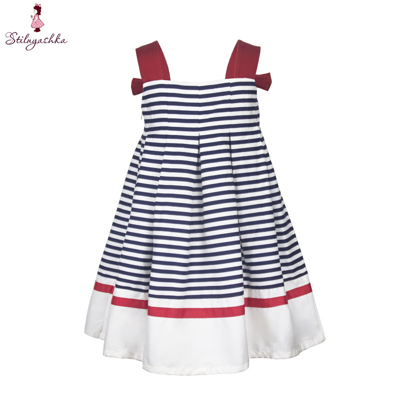 Children White and Blue Stripe 100% Cotton 7 Years Kids Girls Clothes Dress