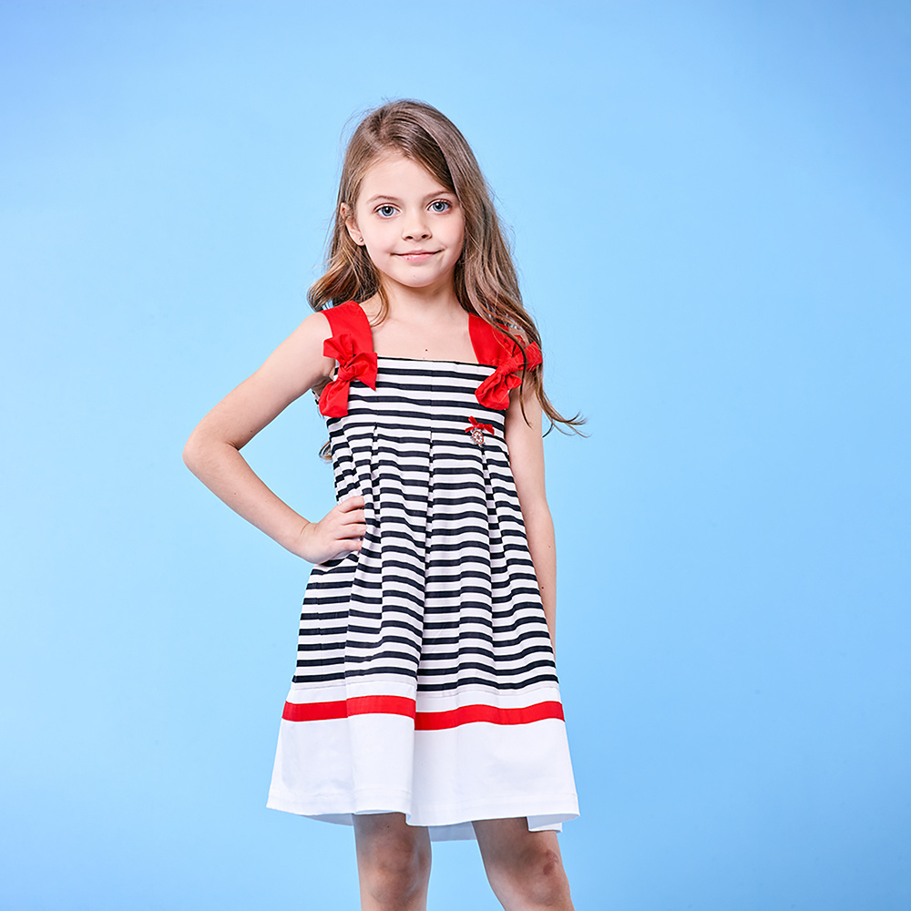 Children White and Blue Stripe 100% Cotton 7 Years Kids Girls Clothes Dress