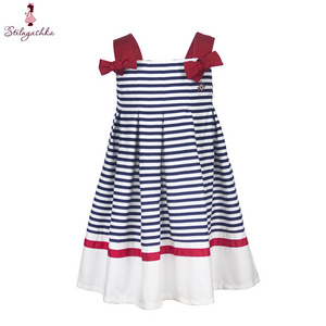 Children White and Blue Stripe 100% Cotton 7 Years Kids Girls Clothes Dress