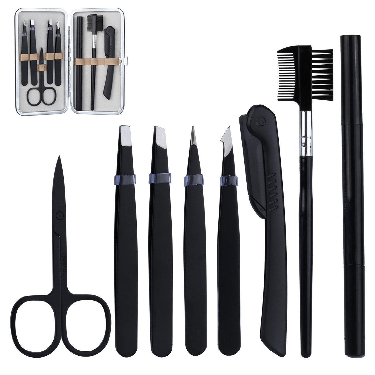 Stainless Steel 8 in 1 Pcs Black Eyebrow Trimmer Eyelash Extensions Comb Lash Curler Makeup Beauty Scissor Set Brow Twezzers