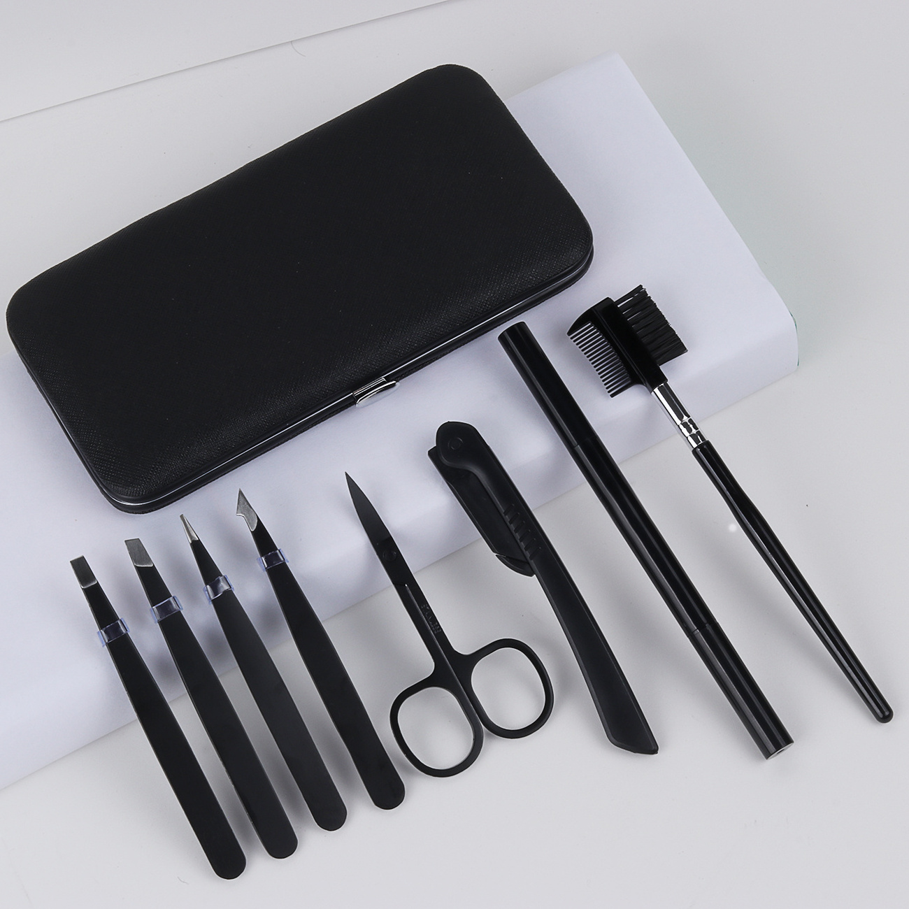 Stainless Steel 8 in 1 Pcs Black Eyebrow Trimmer Eyelash Extensions Comb Lash Curler Makeup Beauty Scissor Set Brow Twezzers