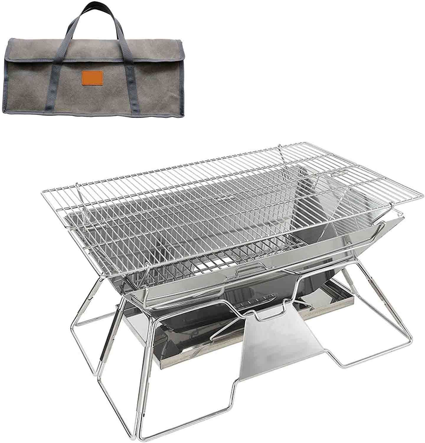 Outdoor Stainless Steel Portable Camping Fire Pit 20x13-inch with Carrying Bag Foldable Wood Burning Charcoal Grill